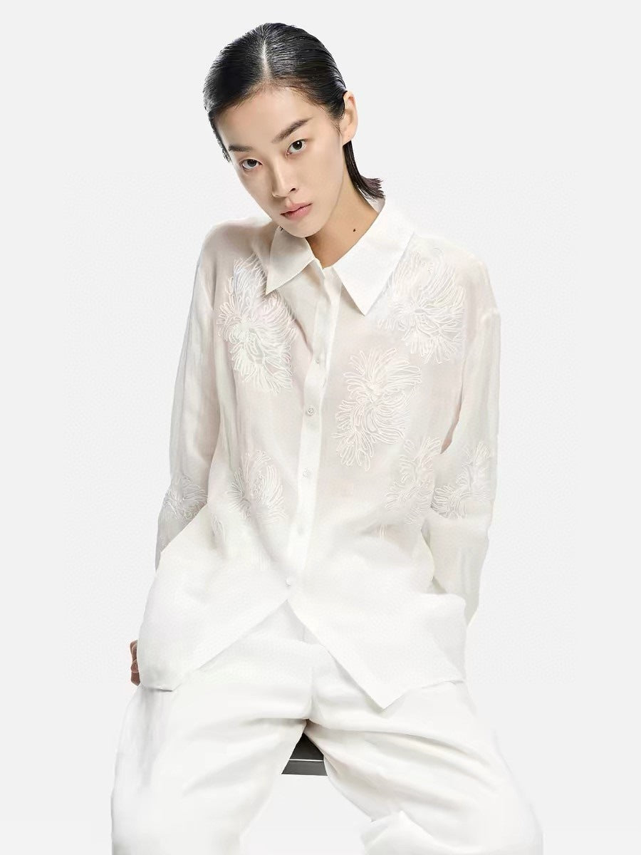 Women Ramie Embroidery Shirt Summer Loose Casual Top