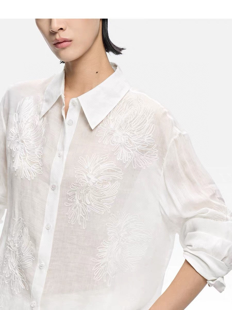 Women Ramie Embroidery Shirt Summer Loose Casual Top