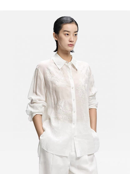 Women Ramie Embroidery Shirt Summer Loose Casual Top