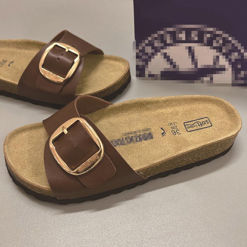 Women Retro Flat Sandals with Gold Buckle