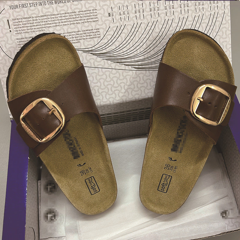 Women Retro Flat Sandals with Gold Buckle