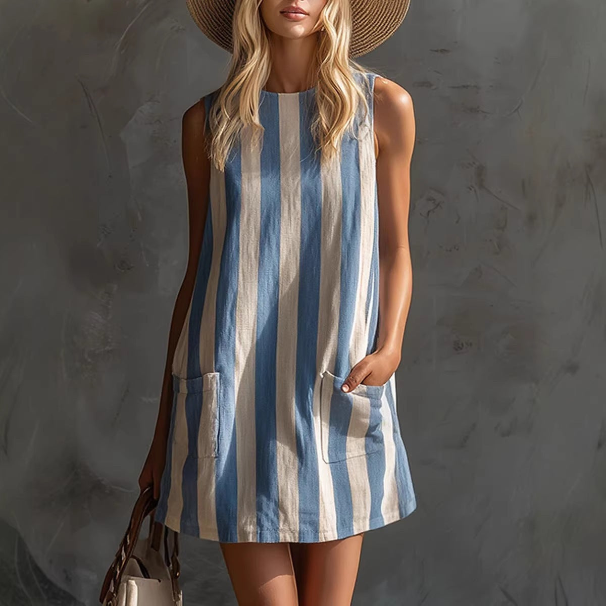 Women Retro Striped Sleeveless Round Neck Cotton Linen Mini Dress