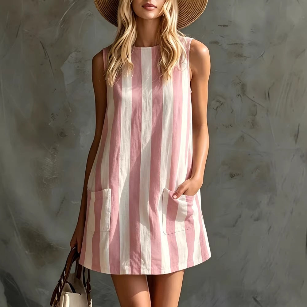 Women Retro Striped Sleeveless Round Neck Cotton Linen Mini Dress