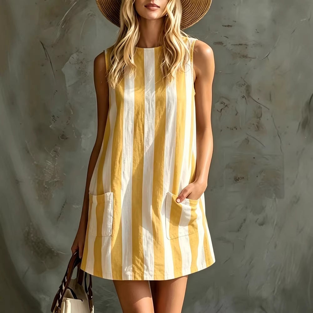 Women Retro Striped Sleeveless Round Neck Cotton Linen Mini Dress