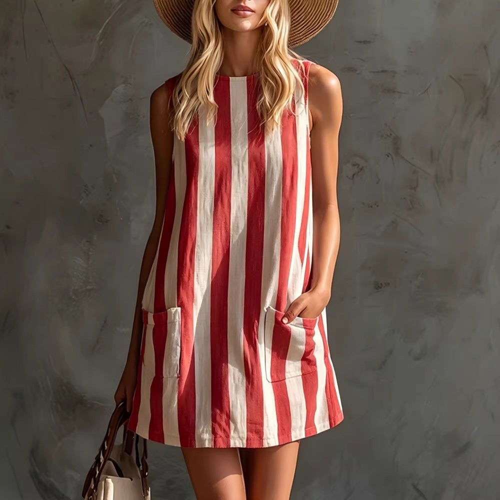 Women Retro Striped Sleeveless Round Neck Cotton Linen Mini Dress