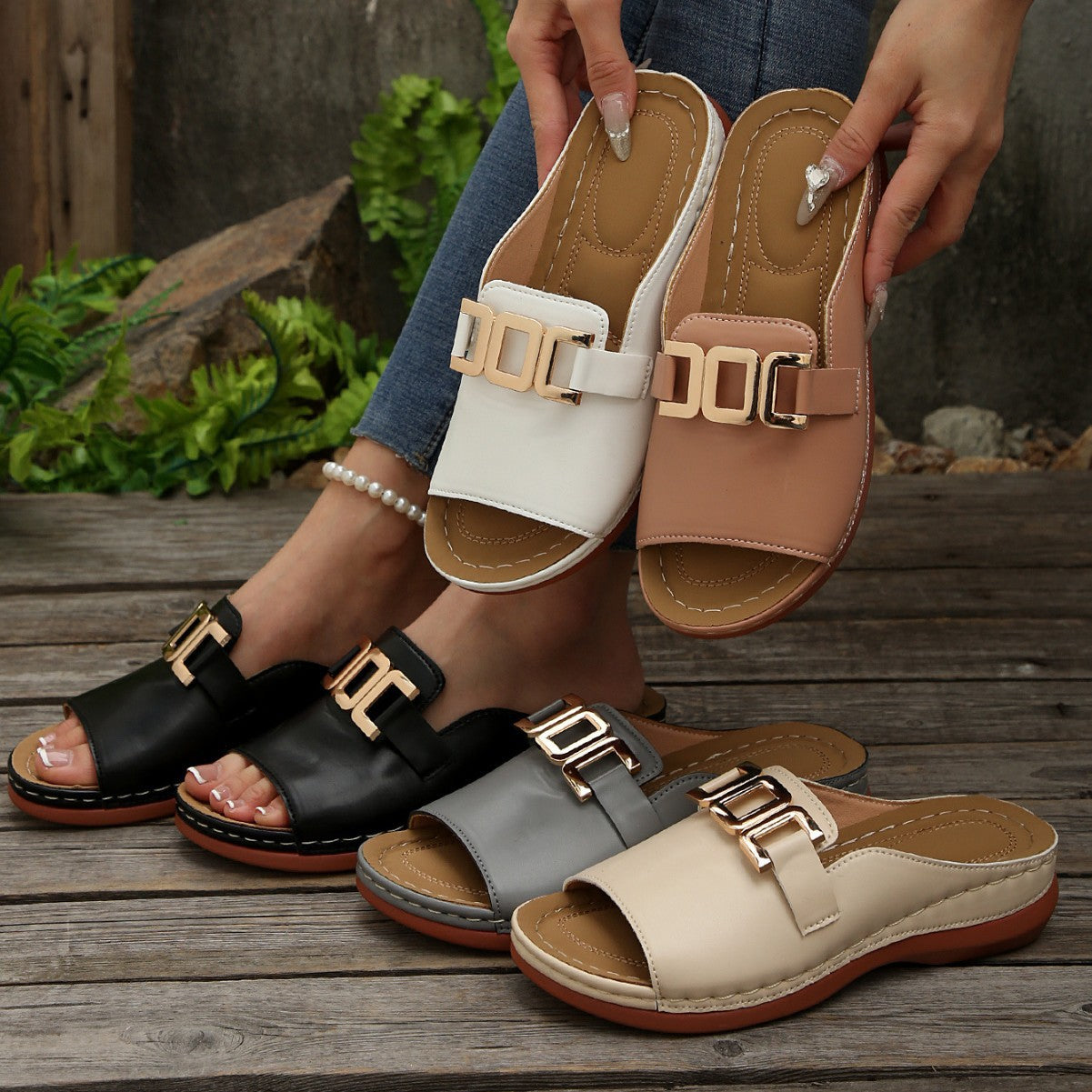 Women Roman Style T-Strap Wedge Sandals