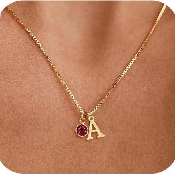 Women's 14K Gold Plated Initial Birthstone Necklace Clavicle Chain