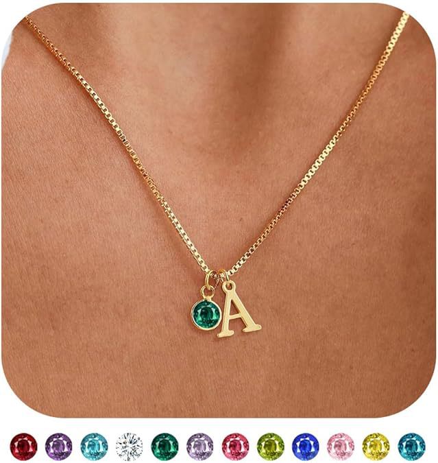 Women's 14K Gold Plated Initial Birthstone Necklace Clavicle Chain