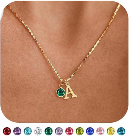 Women's 14K Gold Plated Initial Birthstone Necklace Clavicle Chain