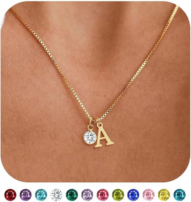Women's 14K Gold Plated Initial Birthstone Necklace Clavicle Chain