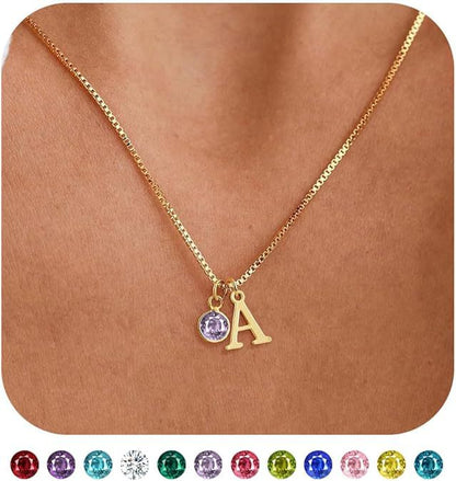 Women's 14K Gold Plated Initial Birthstone Necklace Clavicle Chain