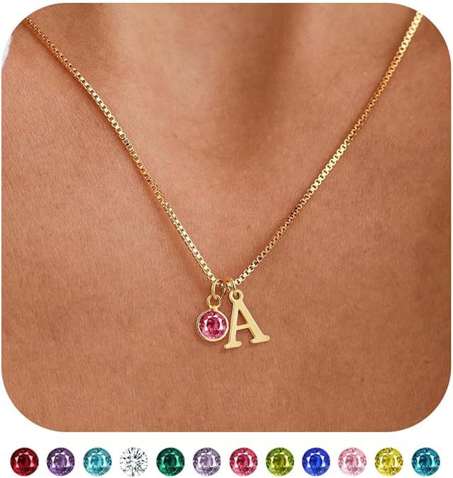 Women's 14K Gold Plated Initial Birthstone Necklace Clavicle Chain