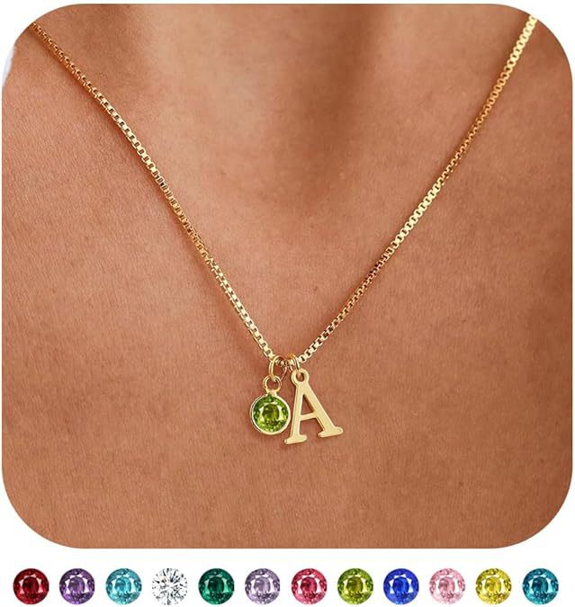 Women's 14K Gold Plated Initial Birthstone Necklace Clavicle Chain