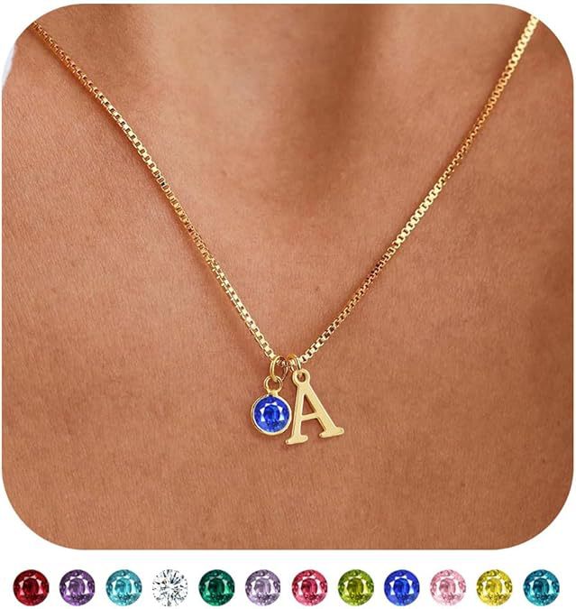 Women's 14K Gold Plated Initial Birthstone Necklace Clavicle Chain