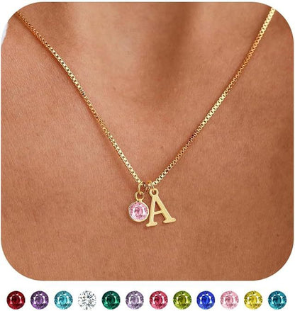 Women's 14K Gold Plated Initial Birthstone Necklace Clavicle Chain