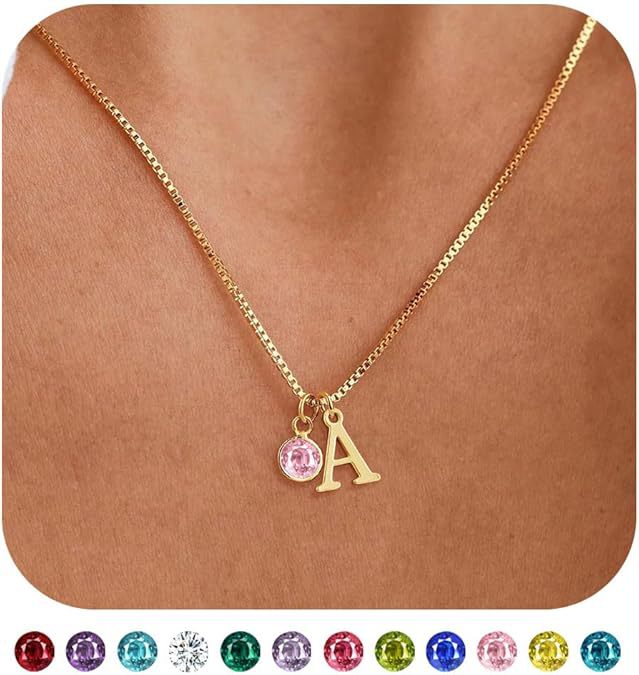Women's 14K Gold Plated Initial Birthstone Necklace Clavicle Chain