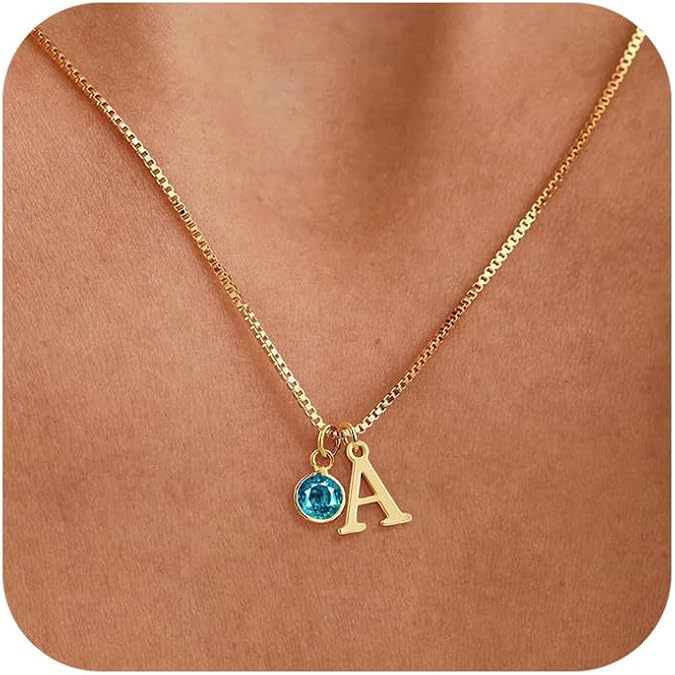 Women's 14K Gold Plated Initial Birthstone Necklace Clavicle Chain