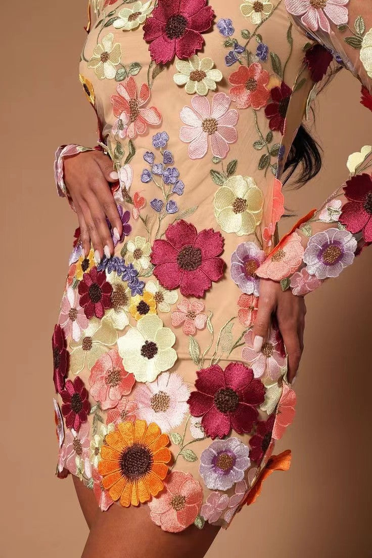Women's 3D Floral Embroidered Lace Bodycon Dress