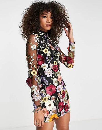 Women's 3D Floral Embroidered Lace Bodycon Dress