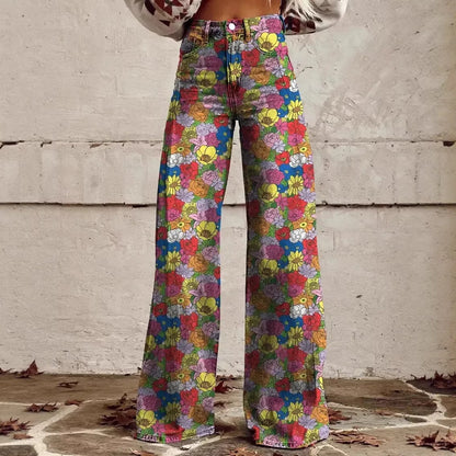 Women's 3D Printed Faux Denim Wide-Leg Pants