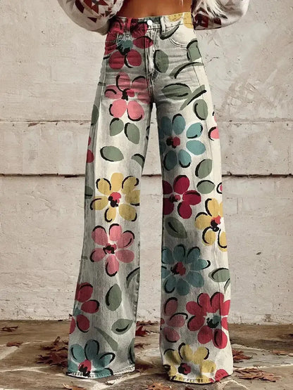 Women's 3D Printed Faux Denim Wide-Leg Pants