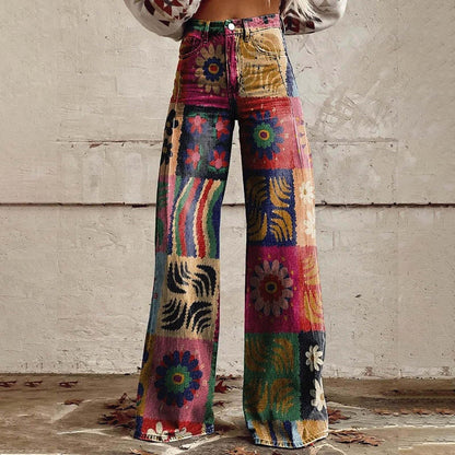 Women's 3D Printed Faux Denim Wide-Leg Pants
