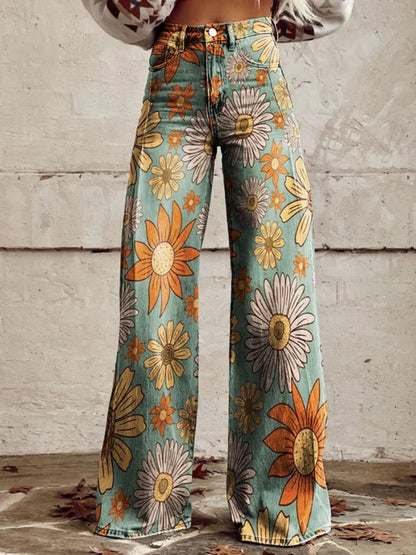 Women's 3D Printed Faux Denim Wide-Leg Pants