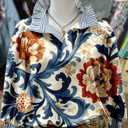 Women's 3D Printed Stand Collar Loose Blouse