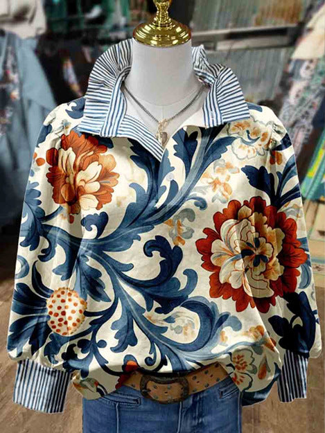 Women's 3D Printed Stand Collar Loose Blouse