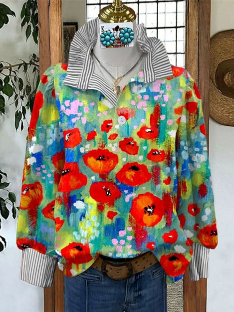 Women's 3D Printed Stand Collar Loose Blouse