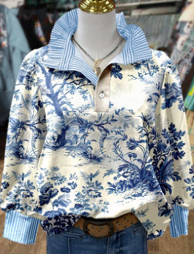 Women's 3D Printed Stand Collar Loose Blouse