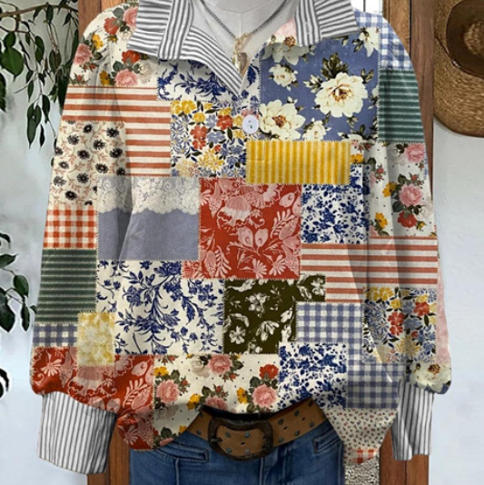 Women's 3D Printed Stand Collar Loose Blouse