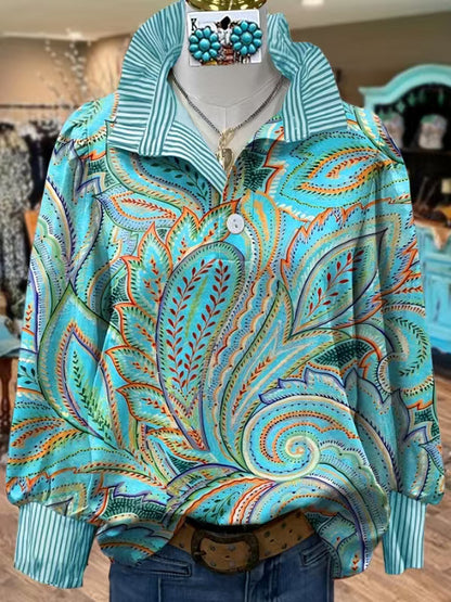 Women's 3D Printed Stand Collar Loose Blouse