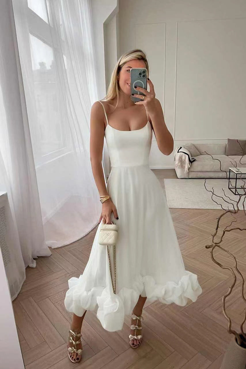 Women's A-line dress with A large halter strap and three-dimensional flowers