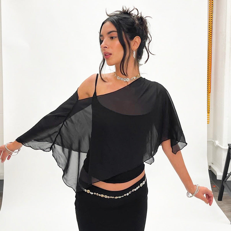 Women's autumn and winter halter cross-cut mesh T-shirt