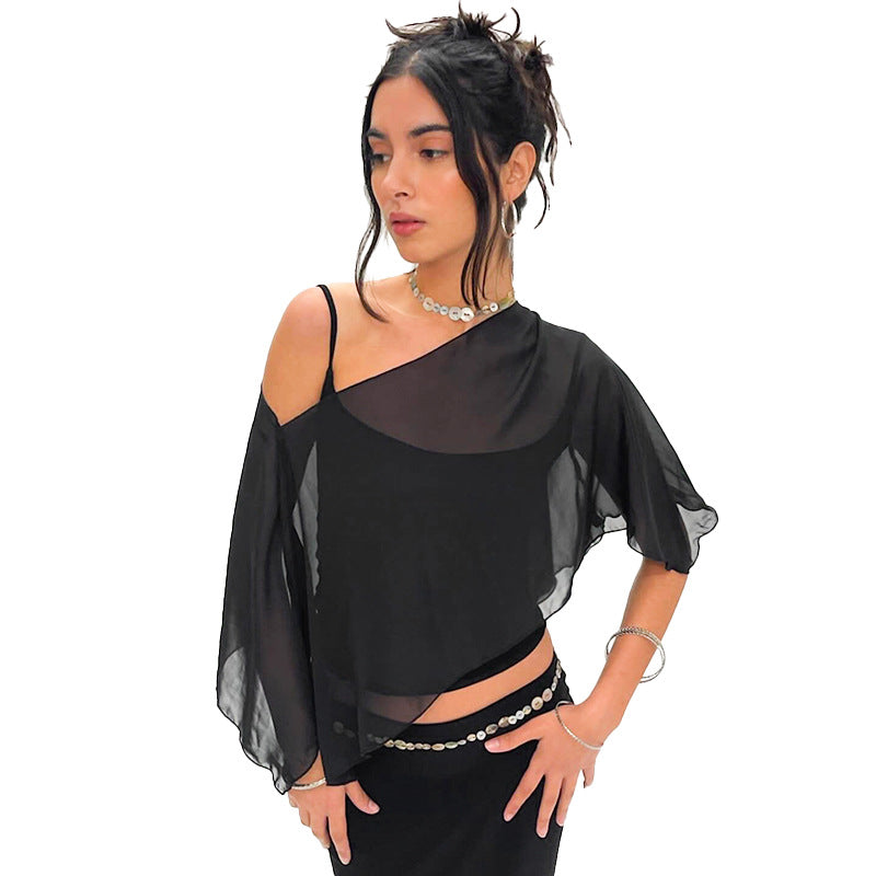 Women's autumn and winter halter cross-cut mesh T-shirt
