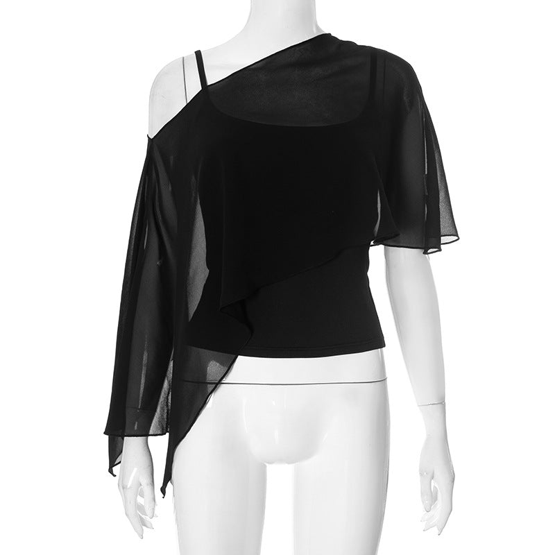 Women's autumn and winter halter cross-cut mesh T-shirt