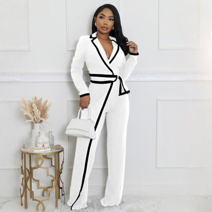 Women's Autumn Winter Long Sleeve Belt Design Two-Tone Jumpsuit