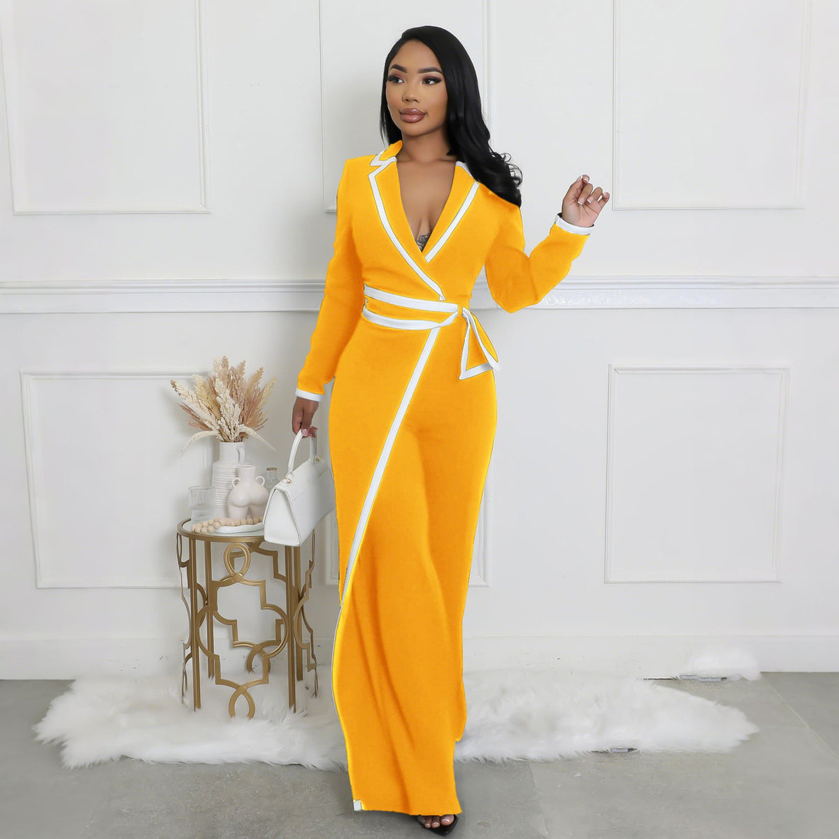 Women's Autumn Winter Long Sleeve Belt Design Two-Tone Jumpsuit
