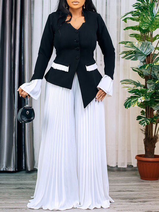 Women's Bell Sleeve Top and Pleated Wide Leg Pants Suit