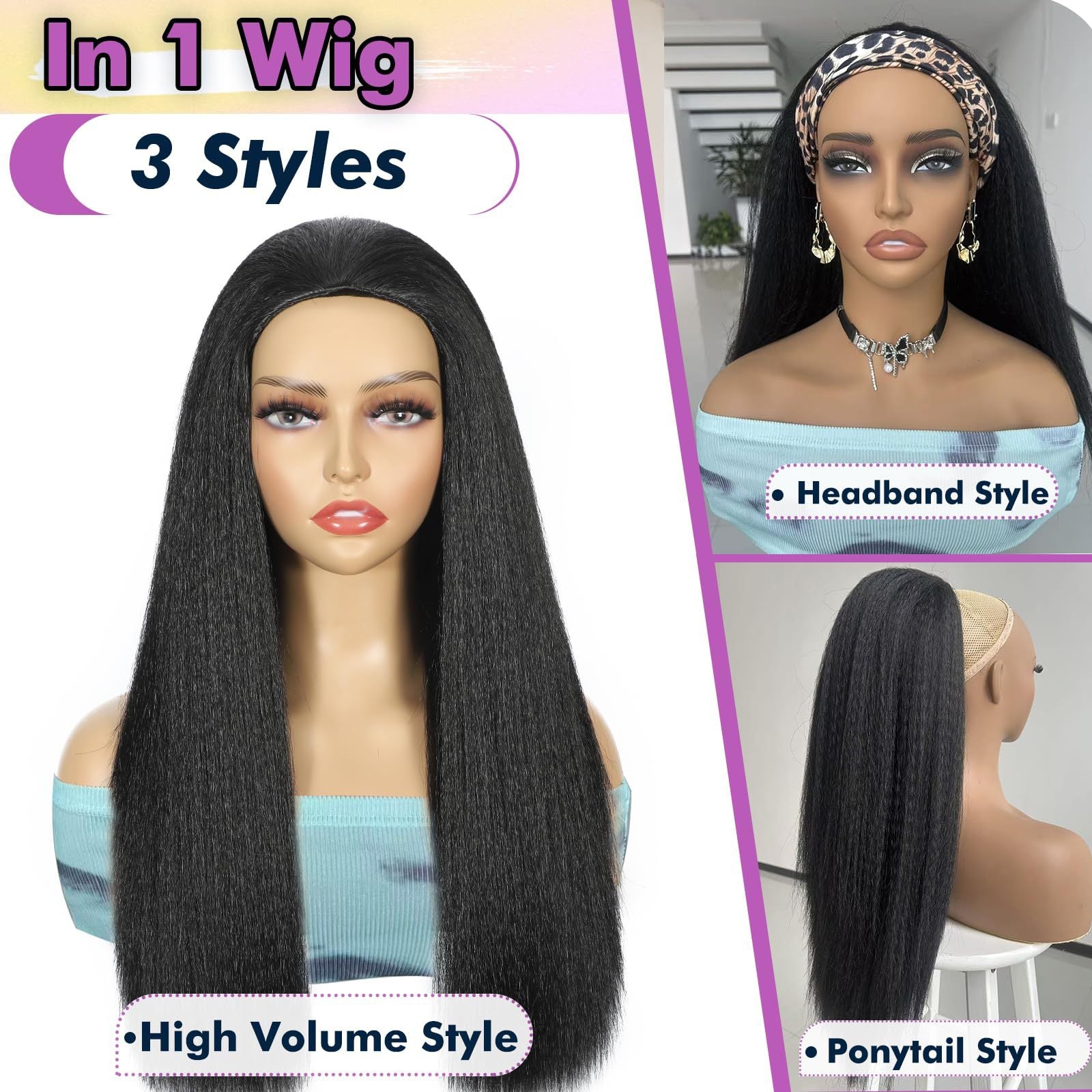 Women's Black Yaki Straight Synthetic Wig