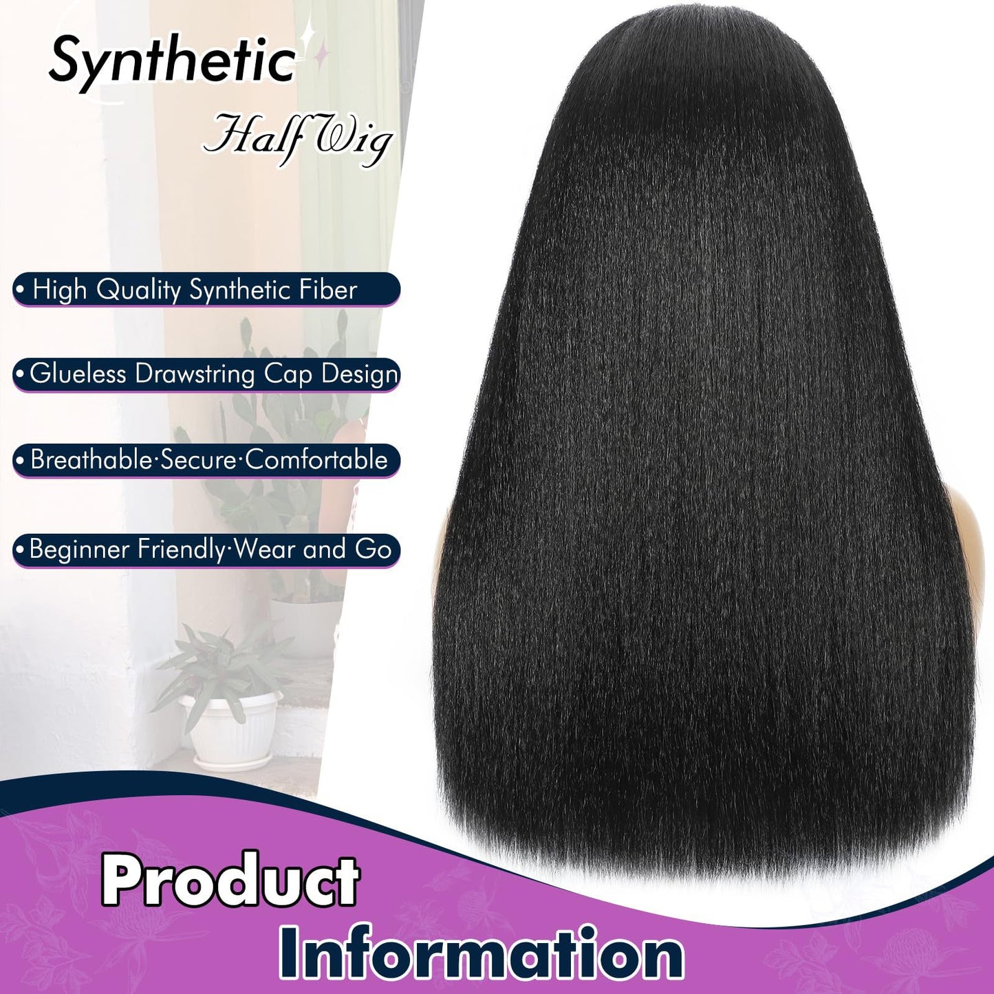 Women's Black Yaki Straight Synthetic Wig