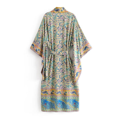 Women's Bohemian Print Lace-Up Robe Coat