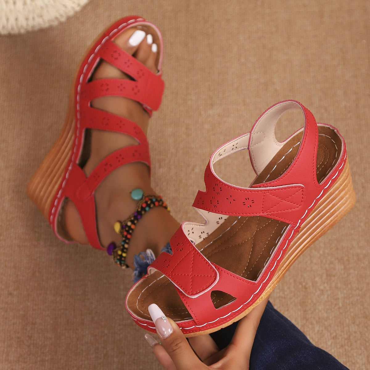 Women's Bohemian-style platform high-heeled cross-lace sandals