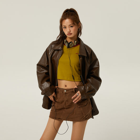 Women's Brown PU Motorcycle Leather Jacket Spring Outwear