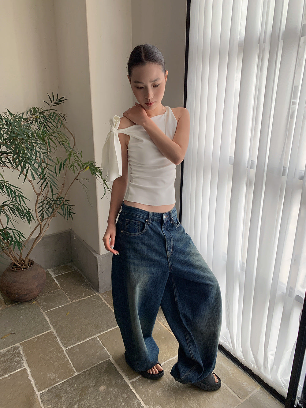 Women's Button Adjustable Wide Leg Denim Pants