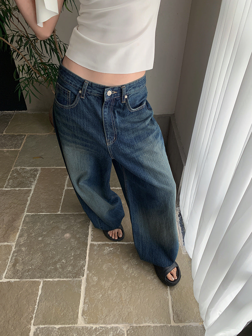 Women's Button Adjustable Wide Leg Denim Pants