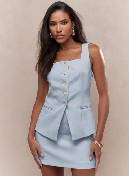 Women's Button Square Neck Sleeveless Vest and Mini Skirt Set