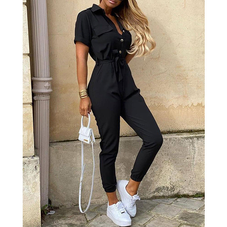 Women's Casual Button-Down Jumpsuit with Belt