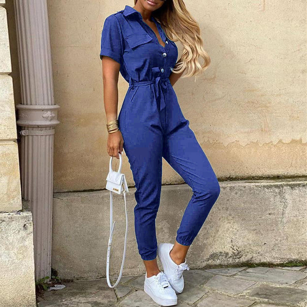 Women's Casual Button-Down Jumpsuit with Belt